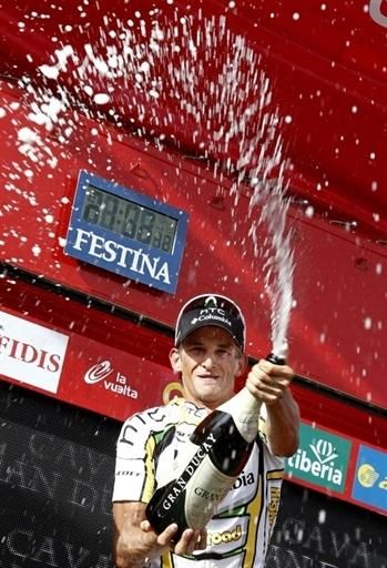 Peter Velits (HTC-Columbia) celebrates his first Grand Tour stage victory.