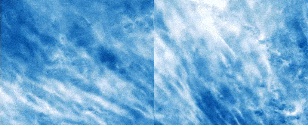 Gif-animatie met elektrisch blauwe nachtlichtende wolken die door de lucht stromen.