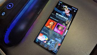 Amazon Music app on an Android phone kept on a gray table