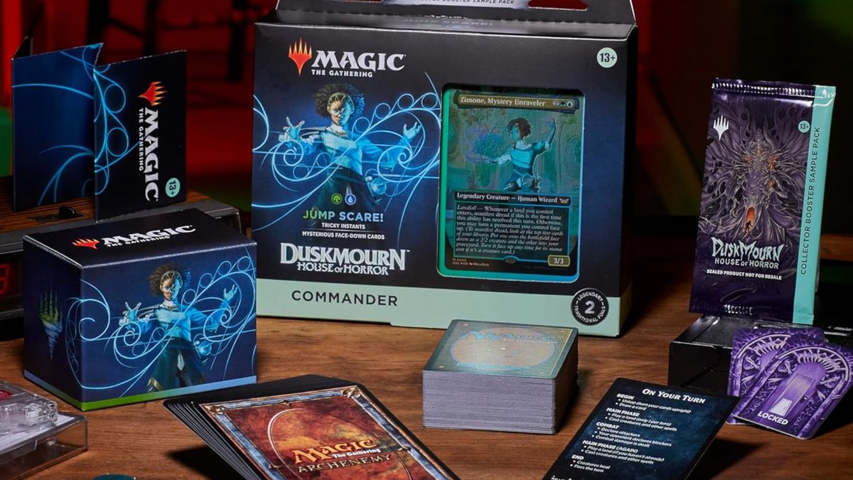 MTG Duskmourn Commander deck and contents on a wooden table