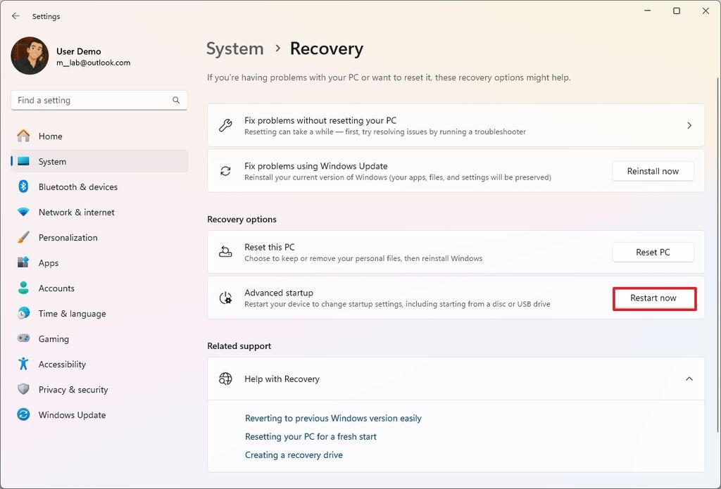 Advanced startup restart now button