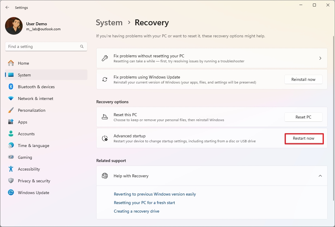 Advanced startup restart now button