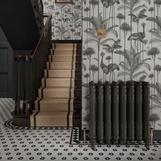 accent colour ideas, hallway with black accents - staircase, radiator, stairs, wallpaper with gray birds and trees, black and white floor tiles, stair carpet