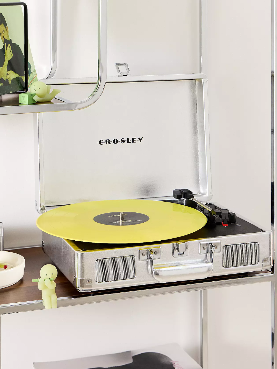 A brushed silver vinyl player from Crosley