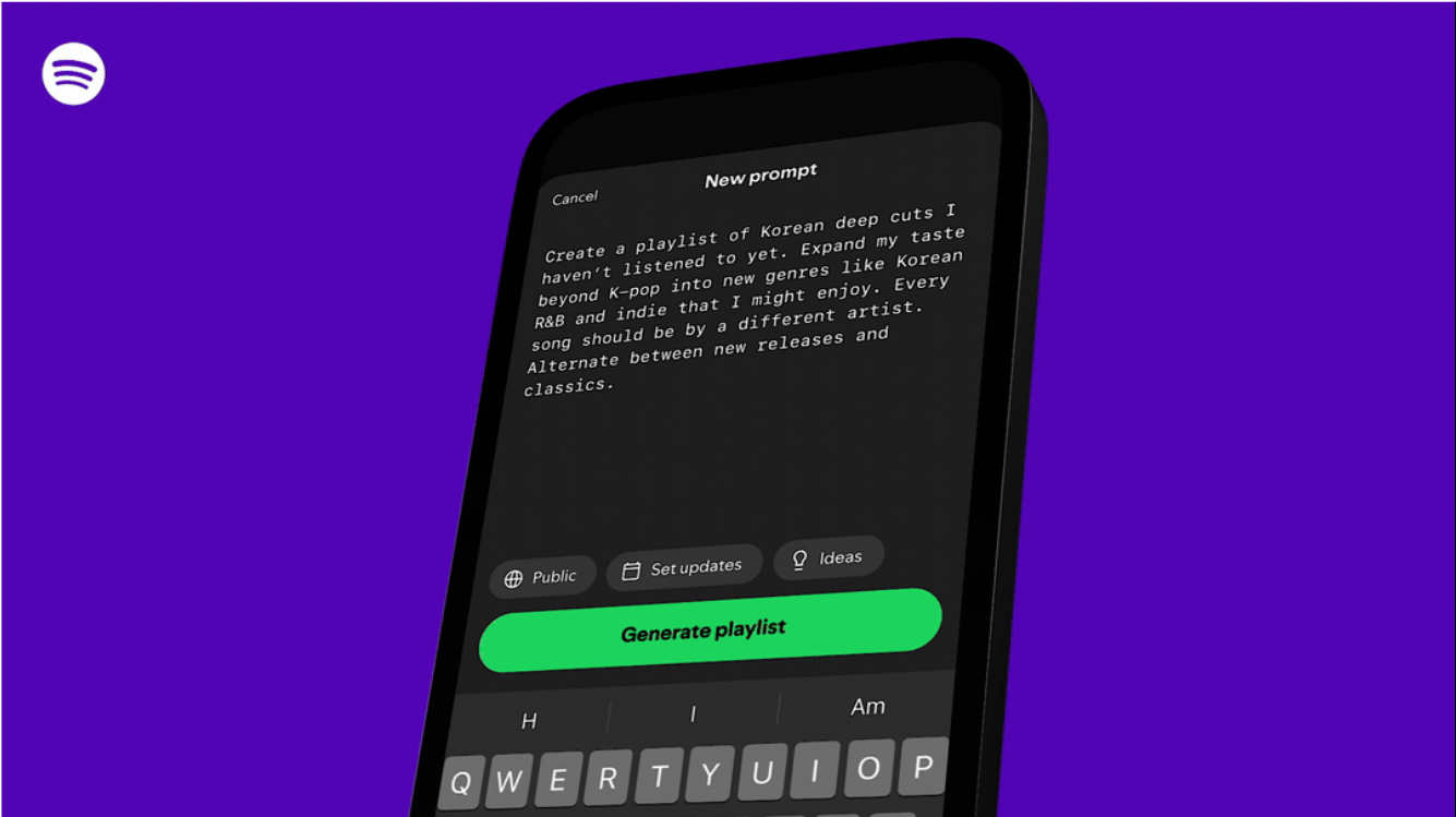 An iPhone showing a prompt being entered into Spotify to create a playlist