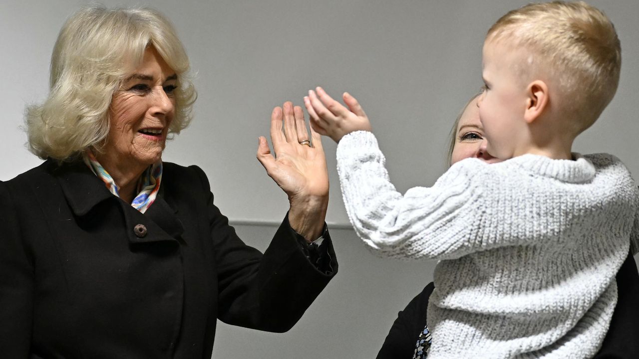 Queen Camilla wearing a dark coat high fiving a little boy in a white sweater who is being held by his mother