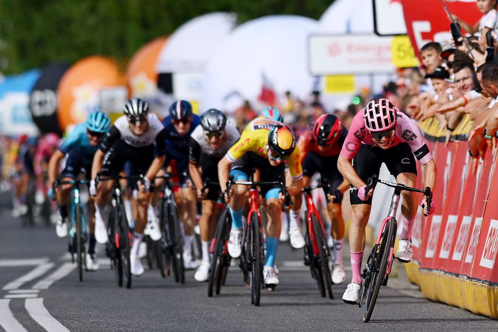 BIELSKOBIALA POLAND AUGUST 02 Marijn Van Den Berg of The Netherlands and Team EF EducationEasyPost sprints at finish line to win the 80th Tour de Pologne 2023 Stage 5 a 1988km stage from Pszczyna to BielskoBiala 430m UCIWT on August 02 2023 in BielskoBiala Poland Photo by Dario BelingheriGetty Images