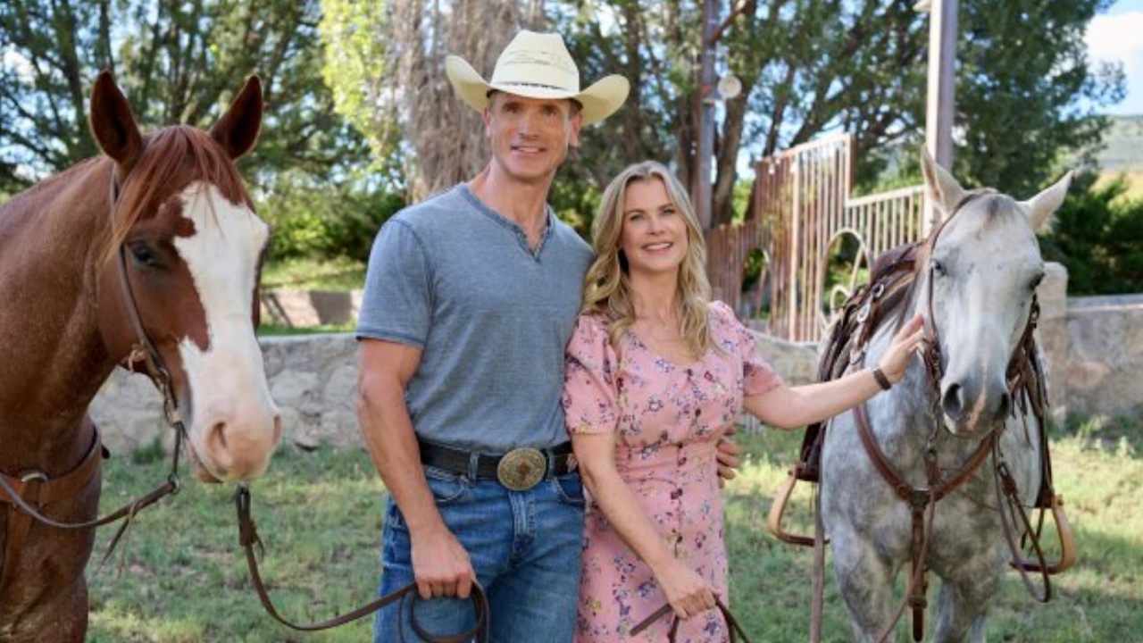 Gabriel Hogan and Alison Sweeney are shown on the set of Romance at Hope Ranch.