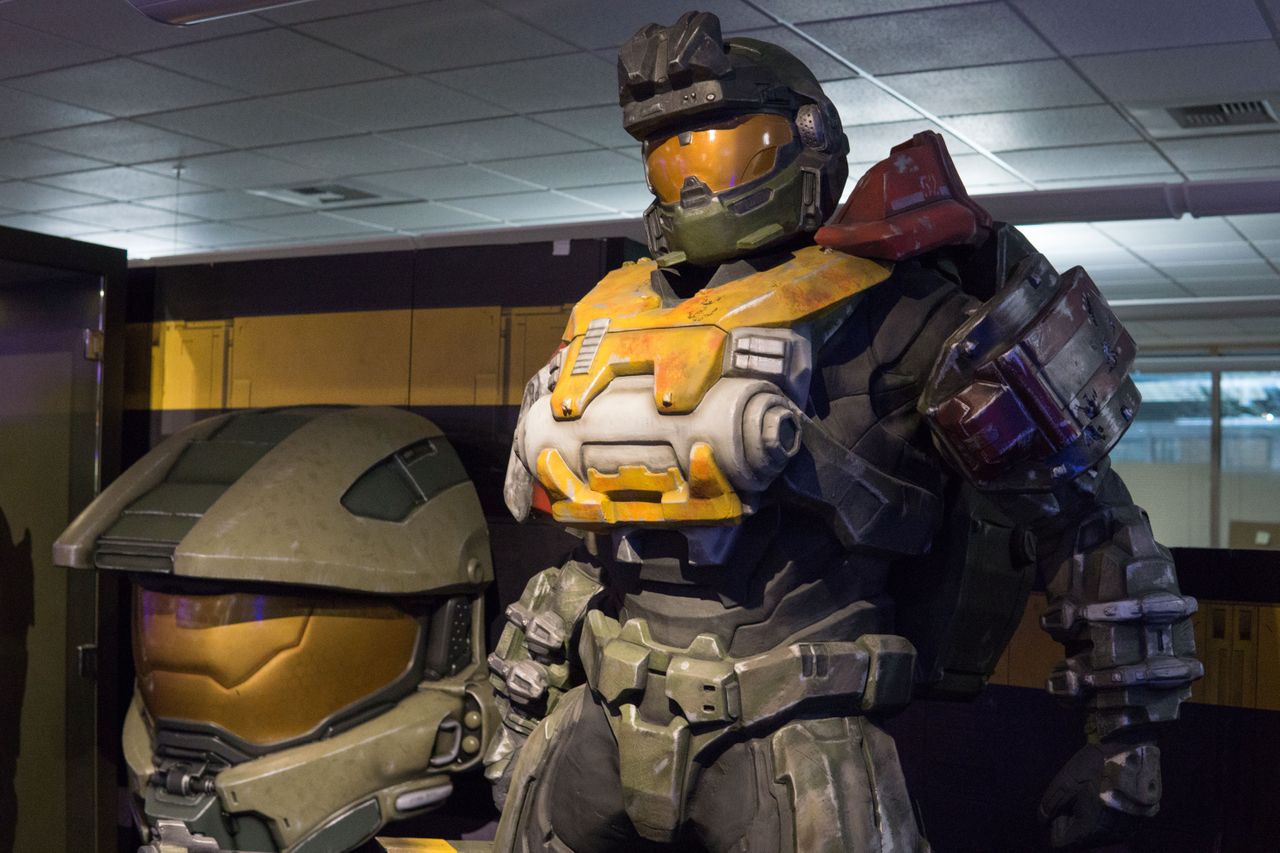 This statue of Jorge, from Halo Reach, makes the rest of the Spartans look small (except for the enormous Master Chief helmet beside him).