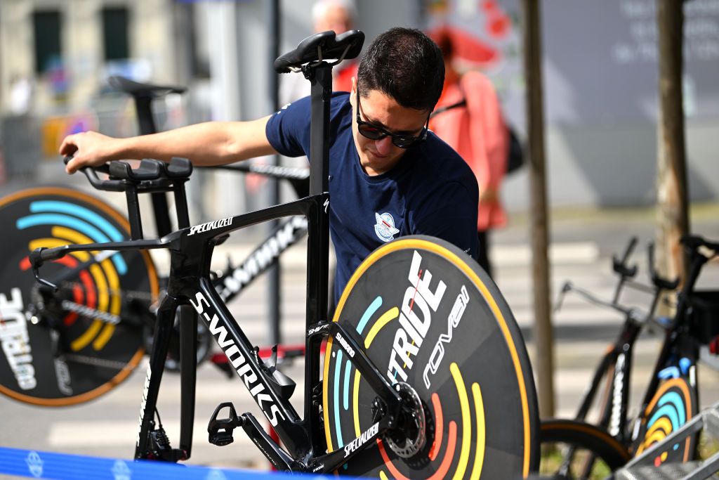 ST QUENTIN FRANCE MAY 18 Mechanic of Team SoudalQuick Step prior to the 67th 4 Jours de Dunkerque Grand Prix des Hauts de France 2023 Stage 3 a 159km Individual time trial in SaintQuentin on May 18 2023 in St Quentin France Photo by Luc ClaessenGetty Images