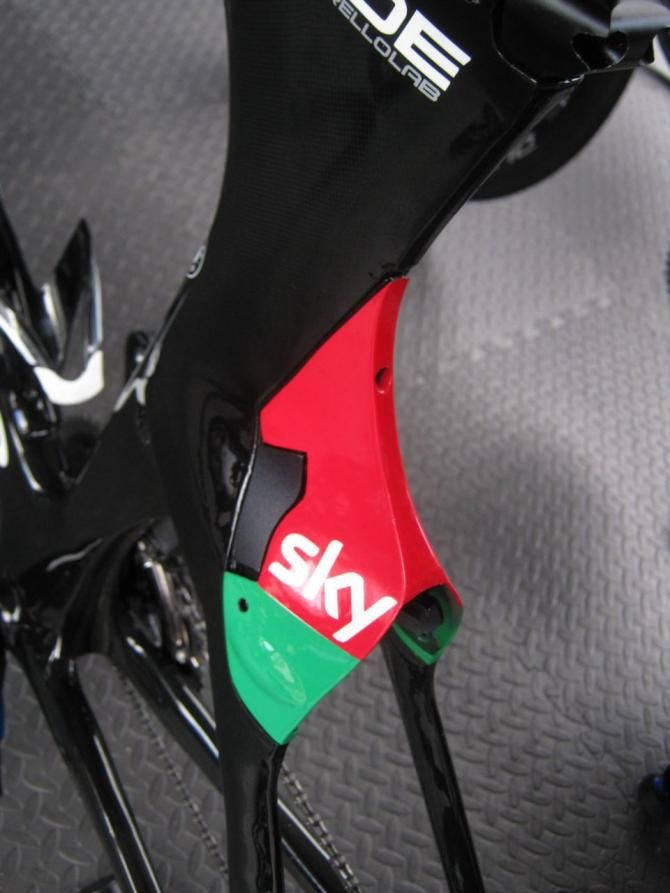 Kanstantsin Siutsou has a red and green brake cover on his Pinarello Bolide as Belarus national time trial champion