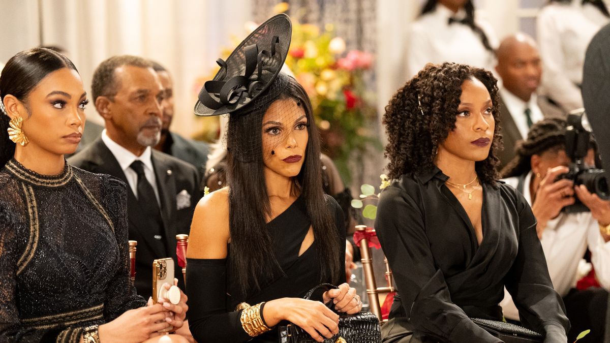 RhonniRose Mantilla as Chelsea Hamilton, Karla Mosley as Danielle Dupree Hamilton and Arielle Prepetit as Naomi Hamilton Hawthorne dressed in black at a wedding in Beyond the Gates