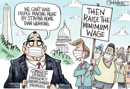 Political Cartoon U.S. unemployment benefits congress minimum wage