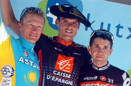 Alexander Vinokourov (Astana), Luis León Sánchez (Caisse d'Epargne) and Carlos Sastre (Cervelo)
