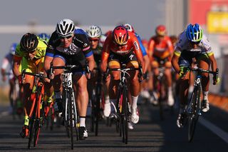 Kirsten Wild (Hitec Products) leads the charge to the finish line at Ladies Tour of Qatar stage 1