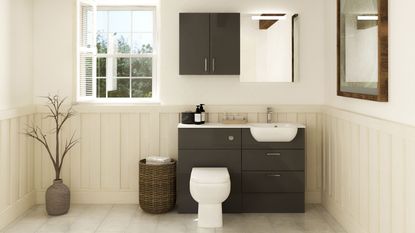 neutral bathroom with toilet, sink and window