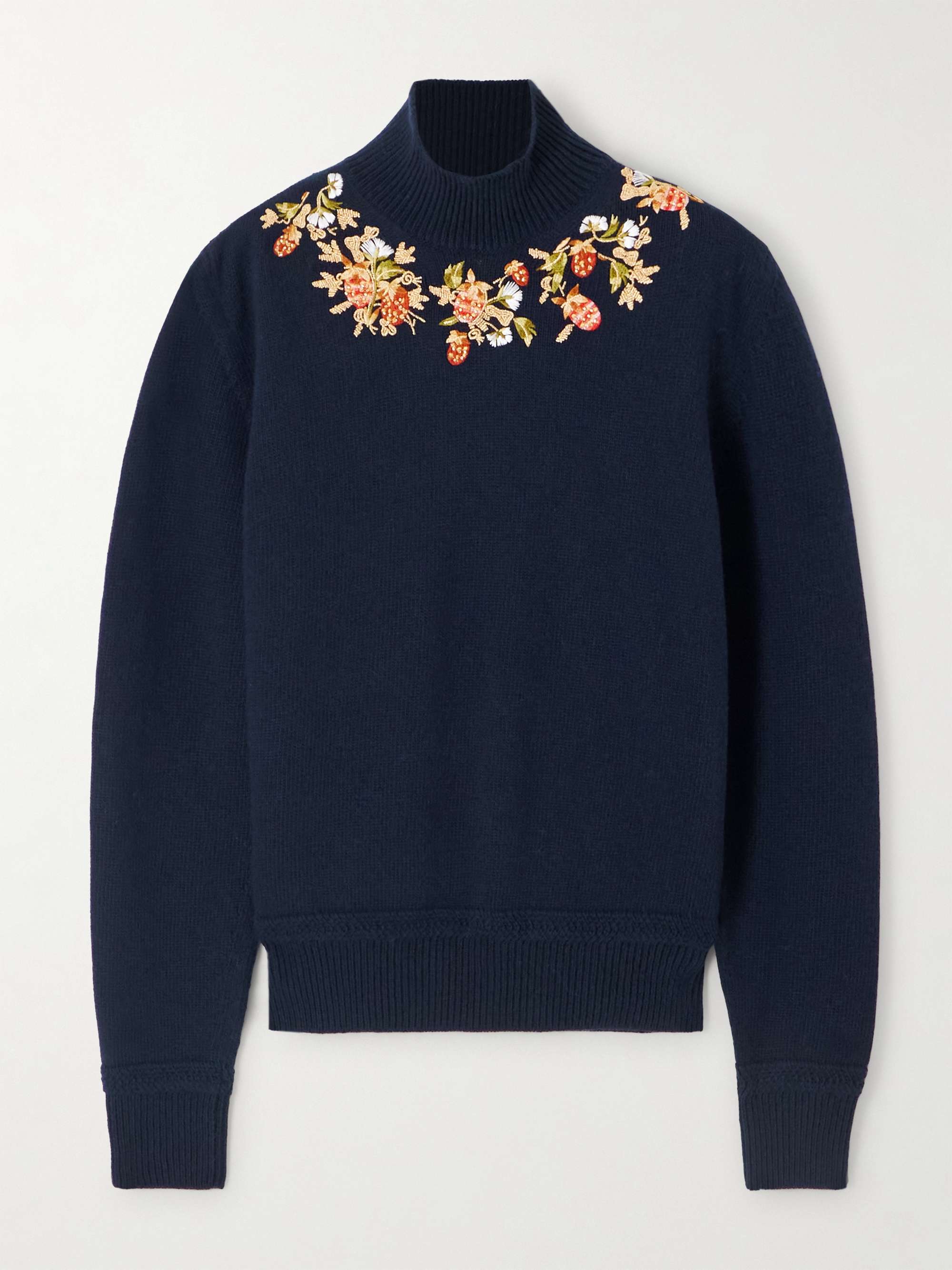 Bead-Embellished Embroidered Wool Turtleneck Sweater