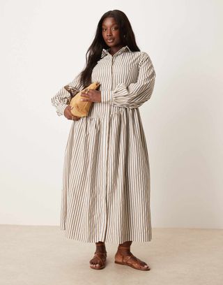 Asos Design Curve Maxi Shirt Dress With Asymmetric Button Detail in Brown Stripe