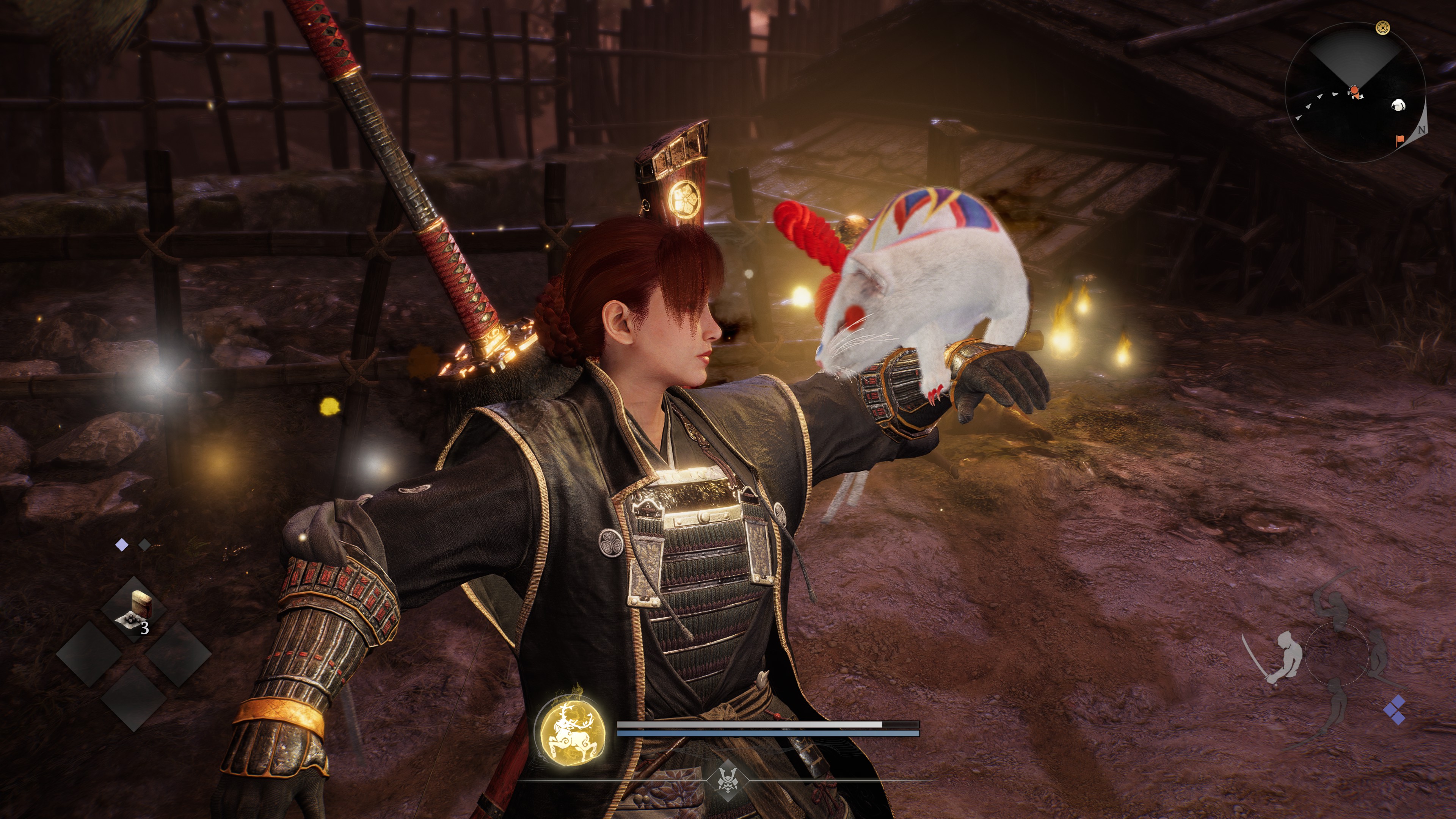 The hero of Nioh 3 meeting a small, cute creature.