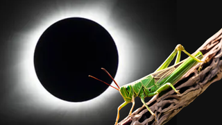 An illustration shows a grasshopper on a branch with a total solar eclipse in the background.