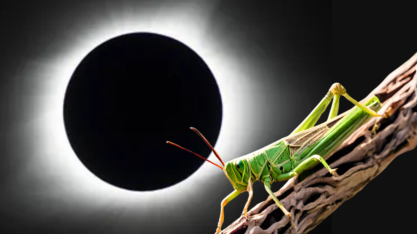 An illustration shows a grasshopper on a branch with the total eclipse in the background