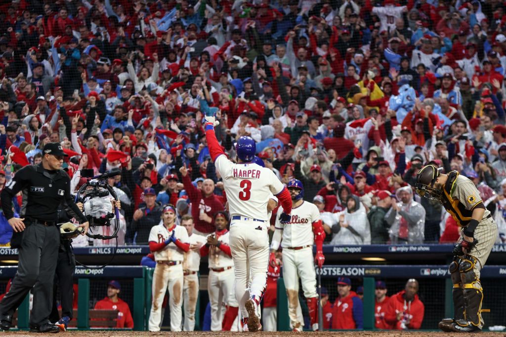 Philadelphia Phillies player Bryce Harper after hitting a home run in Game 4 of the 2022 National League Championship Series