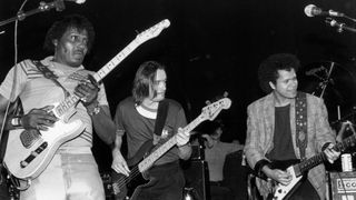  L-R: Albert Collins, Jaco Pastorious and Eddie Martinez performing live onstage in 1985