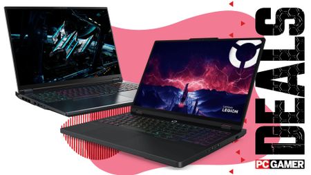 An Acer Predator Helios Neo 16S AI and a Lenovo Legion 5 OLED gaming laptop on a pink deals background