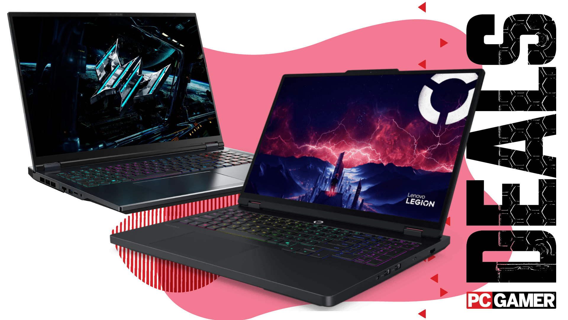 An Acer Predator Helios Neo 16S AI and a Lenovo Legion 5 OLED gaming laptop on a pink deals background
