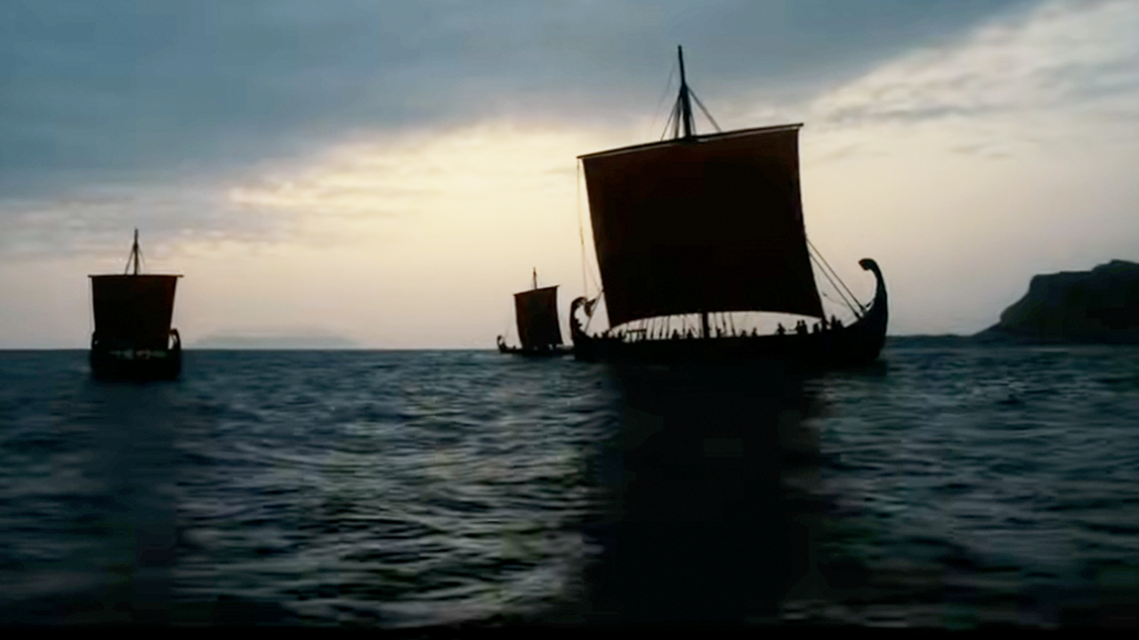 The silhouette of ancient Greek sailing ships on the ocean in The Odyssey