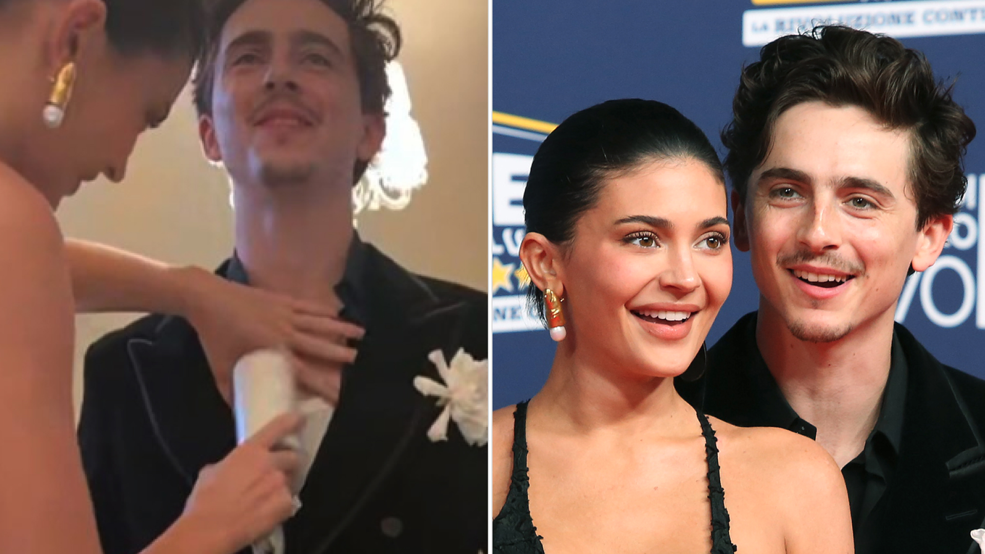 Kylie Jenner helps Timothee Chalamet get ready for their red carpet debut in Rome by using a lint roller on his velvet Tom Ford tuxedo