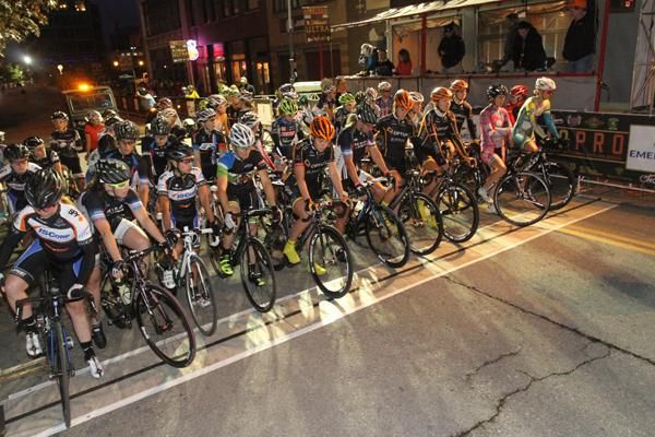 The women's peloton on the start line for the Midtown Grand Prix