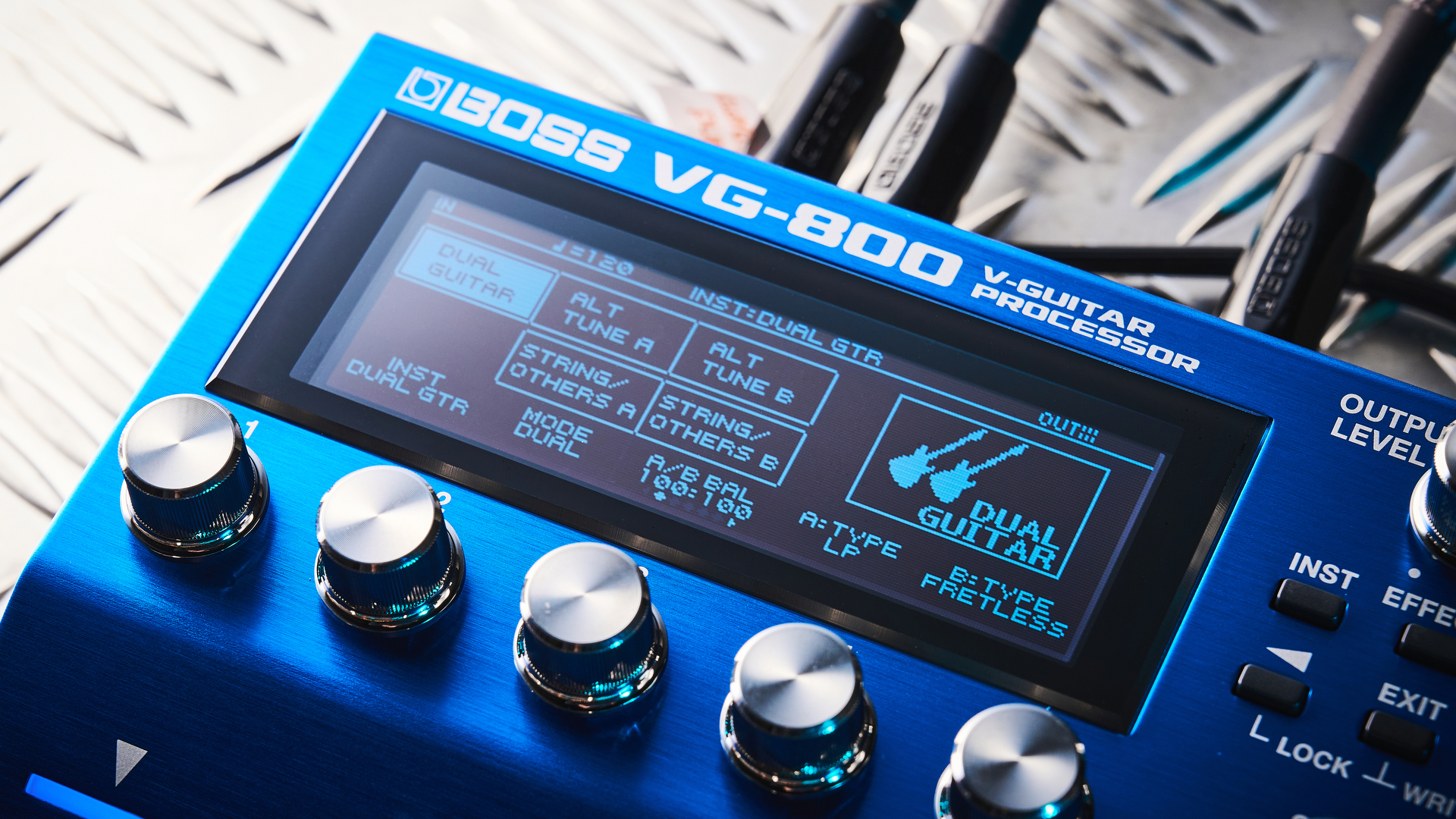 The LCD screen of the Boss VG-800 guitar processor