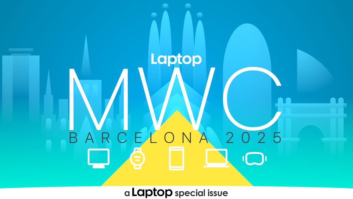 Stylized image showing the skyline of Barcelona, Spain, the location of the Mobile World Congress (MWC) 2025. Image is overlayed with the Laptop Mag branding and several smaller icons representing monitors, smartwatches, smartphones, laptops, and VR headsets. This image is a part of the Laptop Mag MWC 2025 special issue.