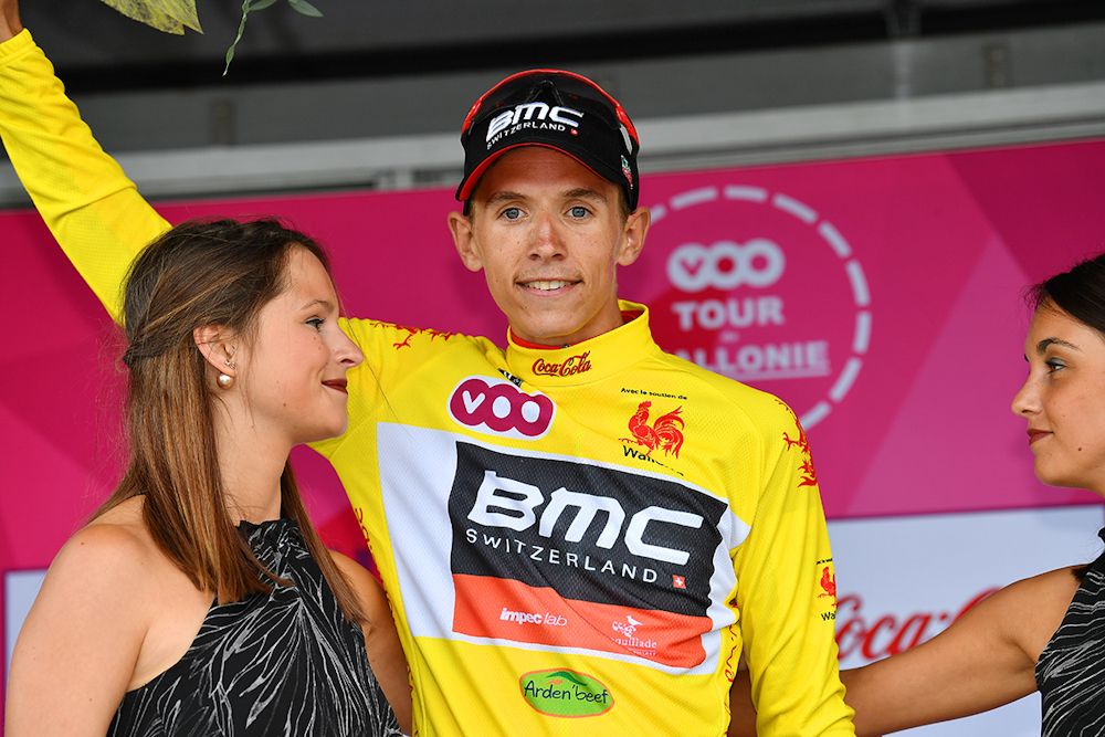 Dylan Teuns on the podium after winning stage 3 at Tour de Wallonie