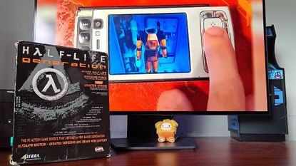 Half-Life Generation big box PC game next to monitor with video of Nokia N95 running game.