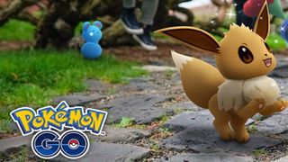 Eevee in Pokémon Go. Azurill bounces in the background.