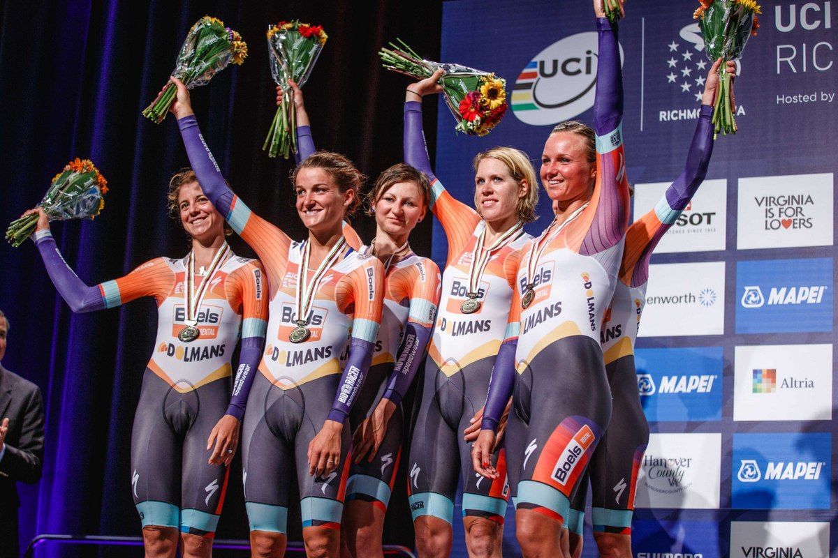 The Boels Dolmans riders on the podium having finished second