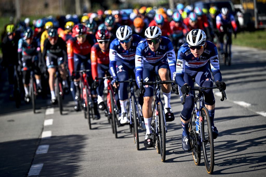 Belgiums Stan Van Tricht of Soudal QuickStep R leads the peleton during the KuurneBrusselsKuurne one day cycling race 193kms from Kuurne to Kuurne via Brussels on February 26 2023 Photo by JASPER JACOBS Belga AFP Belgium OUT Photo by JASPER JACOBSBelgaAFP via Getty Images