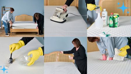 Step by step photos showing two Tom's Guide testers cleaning a mattress