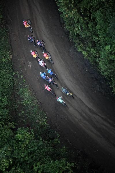A view of the lead group from the media helicopter
