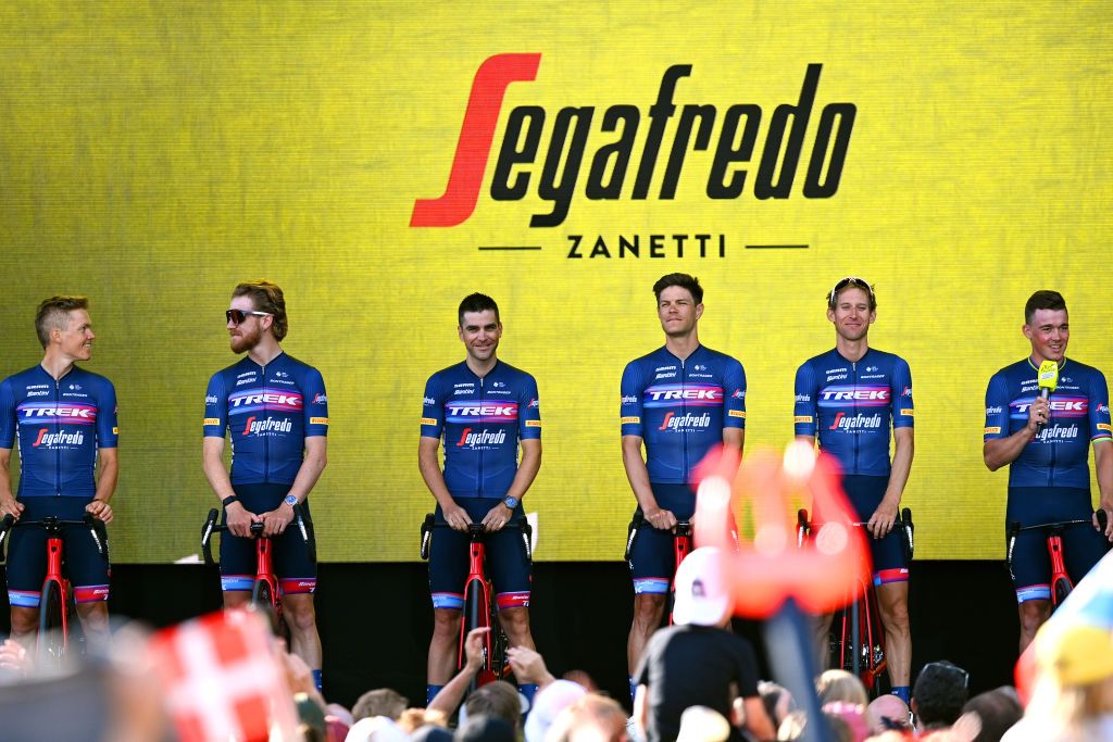 COPENHAGEN DENMARK JUNE 29 LR Quinn Simmons of United States Tony Gallopin of France Jasper Stuyven of Belgium Bauke Mollema of Netherlands Mads Pedersen of Denmark and Team Trek Segafredo during the Team Presentation of the 109th Tour de France 2022 at Tivoli Gardens in Copenhagen City TDF2022 on June 29 2022 in Copenhagen Denmark Photo by Stuart FranklinGetty Images