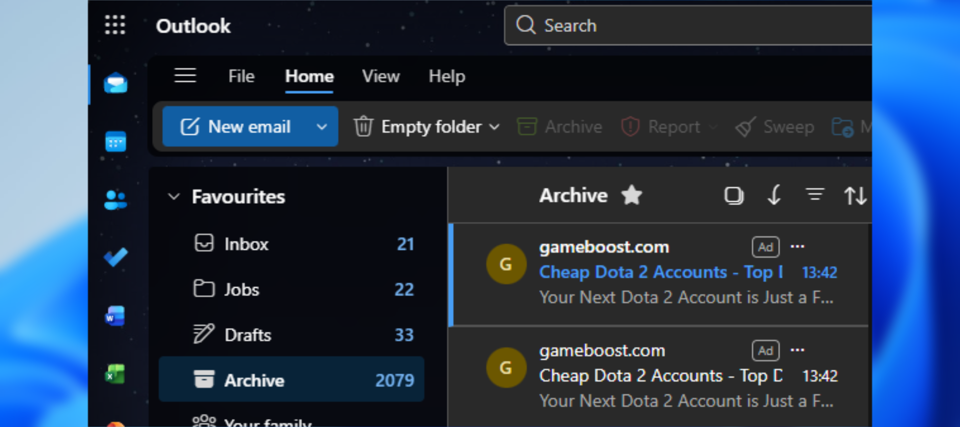 Screenshot of Dota 2 accounts for sale in MS Outlook