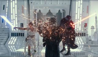 Rey and Kylo ren fighting with lightsaber