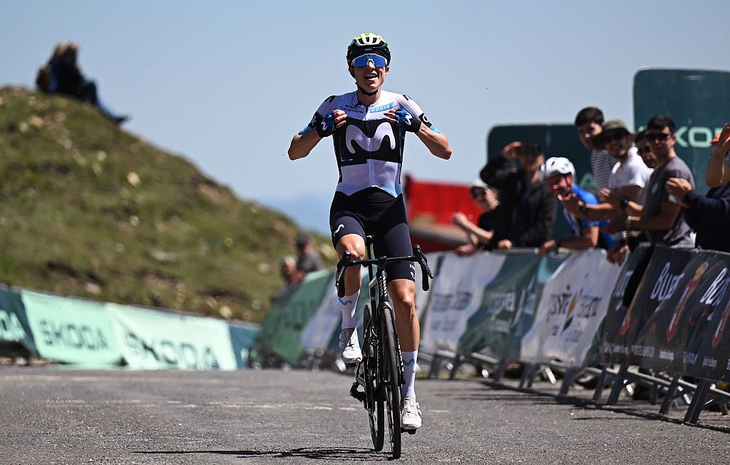 ESPINOSA DE LOS MONTEROS PICON BLANCO SPAIN MAY 24 Marlen Reusser of Switzerland and Movistar Team celebrates at finish line as stage winner during the 10th Vuelta a Burgos Feminas 2025 Stage 3 a 95km stage from Valle de Valdebezana Soncillo to Espinosa de los Monteros Picon Blanco 1506m UCIWWT on May 24 2025 in Espinosa de los Monteros Picon Blanco Spain Photo by Szymon GruchalskiGetty Images