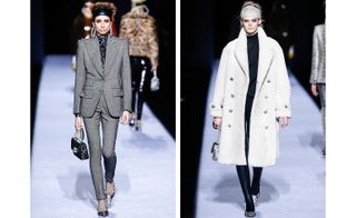 Left, monochrome tailoring and statement earrings. Right, an ice-grey oversized teddy coat