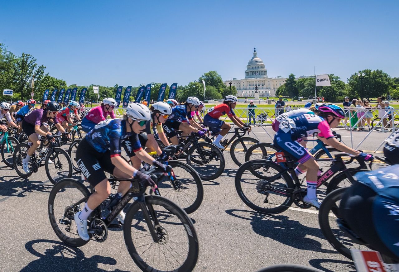 Elite women pass in front the United States Capitol in Washington, D.C. in 2026 Capitol Cup, the first of two days of racing at Amazon Armed Forces Cycling Classic