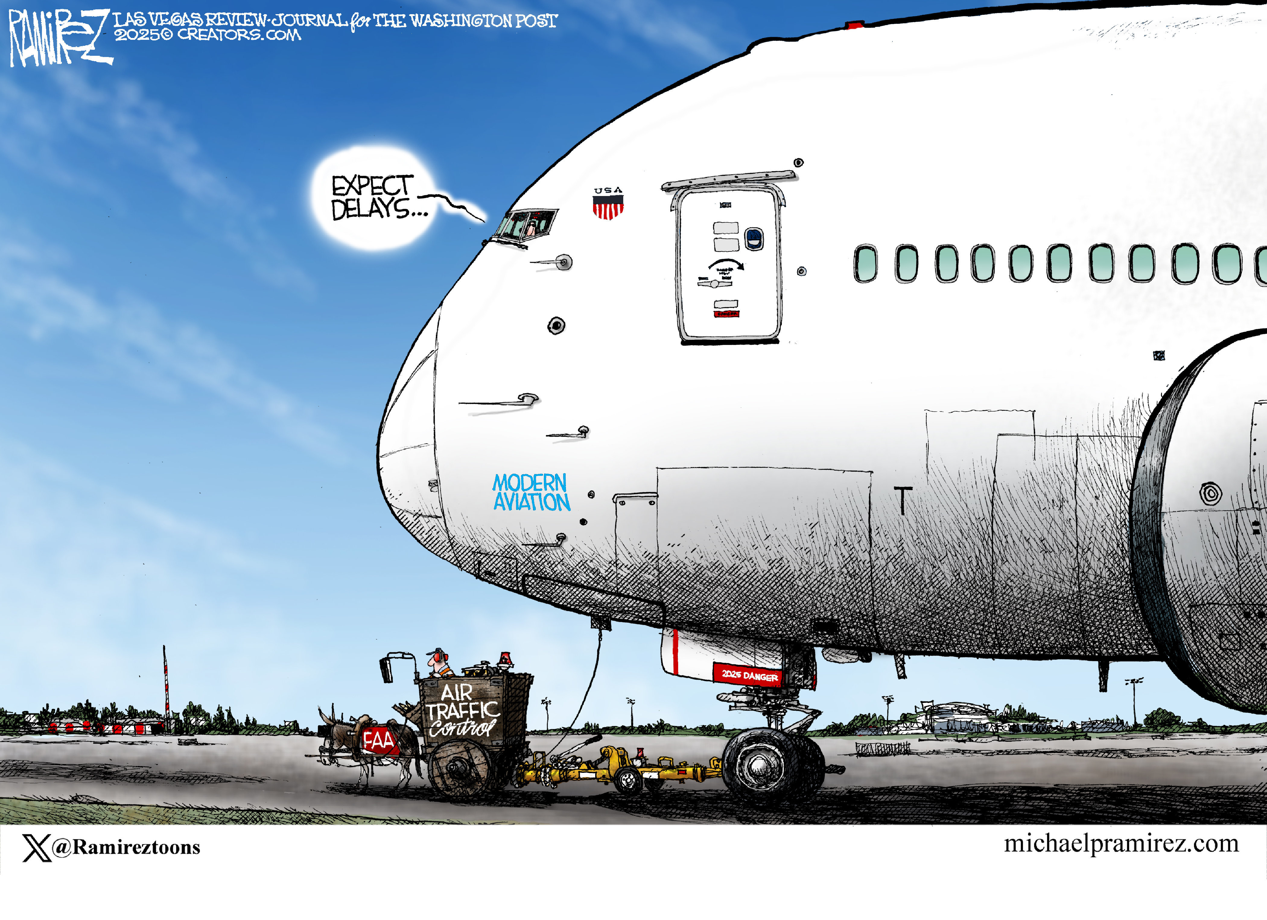 This cartoon is dominated by a large jet airplane named Modern Aviation being pulled along by an old-fashioned horse and carriage. The horse is the FAA and the carriage is Air Traffic Control. A voice from the cockpit says, &amp;ldquo;Expect delays&amp;hellip;&amp;rdquo;