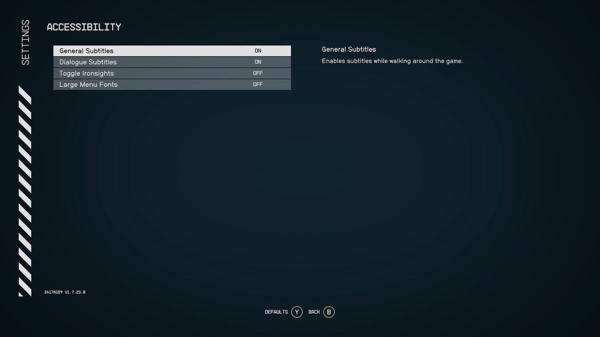 A screenshot showing Starfield accessibility options with Large Font Mode switched off