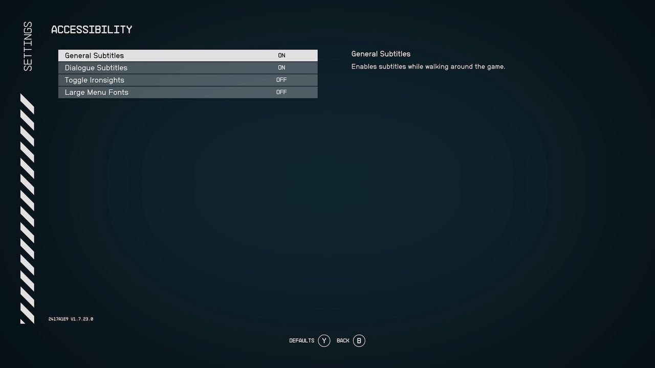 A screenshot showing Starfield accessibility options with Large Font Mode switched off
